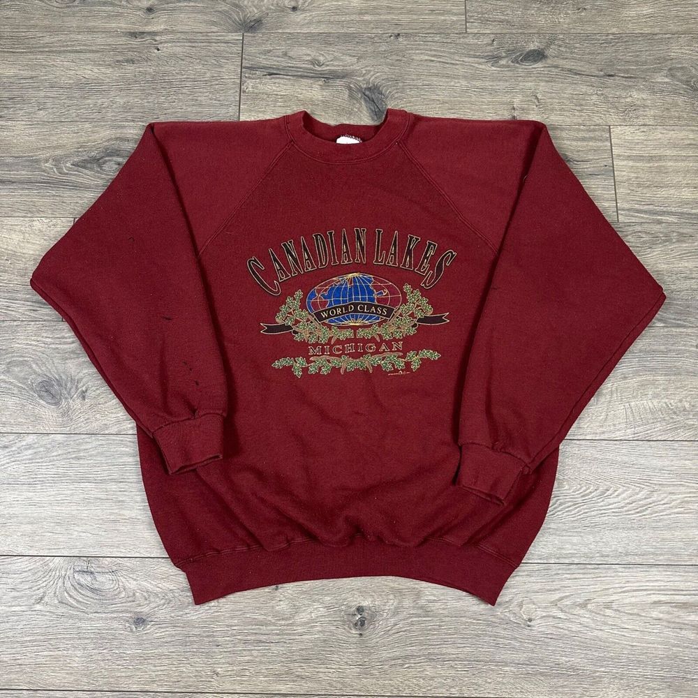 Vintage Canadian Lakes Crewneck Sweatshirt Adult XL Maroon Raglan Sleeve